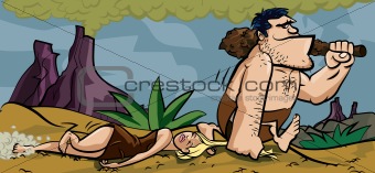 Caveman dragging his woman by her hair