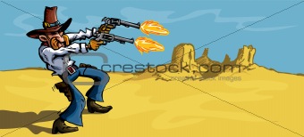 Cartoon cowboy in the desert firing his six guns