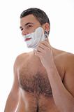 Young handsome male  shaving face beard . isolated on white