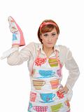 expressions. Beautiful cooking woman in apron and kitchen glove 