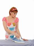 Beautiful house woman ironing mens shirt. isolated on white