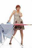 Beautiful house woman ironing mens shirt. isolated on white