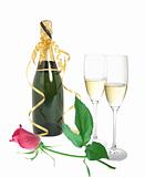 Bottle of champagne, rose and glass isolated on white background