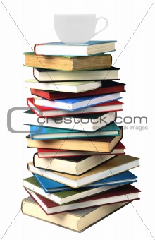 Stack of books and coffee cup isolated on the white background