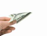 Hand and money plane isolated on white background