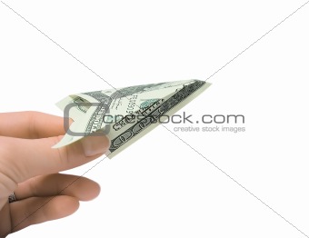 Hand and money plane isolated on white background