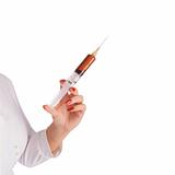 Syringe in doctors hand isolated on white background