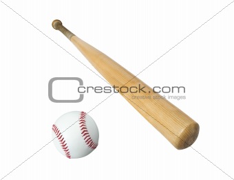 Wooden baseball bat and ball isolated on white