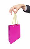 woman hand holding colorful shopping bag isolated on white background