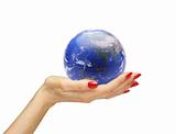 Hand with the world (globe) isolated on white