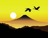 the sacred mountain of Fujiyama with two cranes
