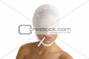 woman with her ??head bandaged with cigarette