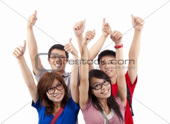 Happy students showing thumbs up and isolated on white background