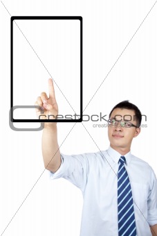 Young businessman reading electronic book by touch screen