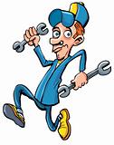 Cartoon mechanic running with his tools
