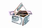 set of different nominal dollar notes in house shape isolated ov