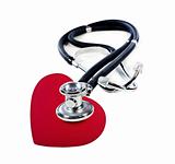 a Doctor's stethoscope listening to a red heart