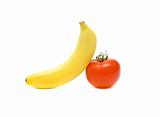banana and tomato closeup on white background