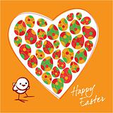 The small chicken and colorful Easter eggs in heart on a orange background