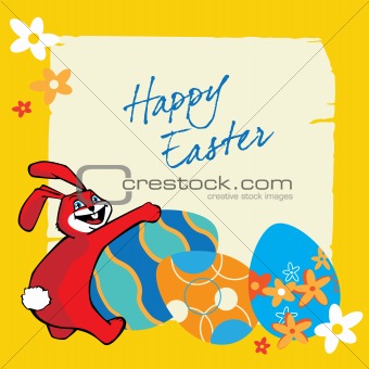 The rabbit and colourful Easter eggs on a yellow background