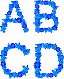 Alphabet of blue flowers and butterflies-A, B, C, D.