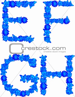 Alphabet of blue flowers and butterflies-E, F, G, H.