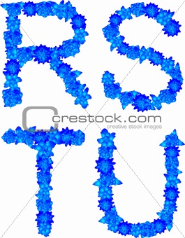 Alphabet of blue flowers and butterflies-R, S, T, U