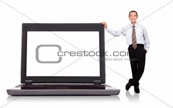 asian businessman standing by  computer isolated on white background