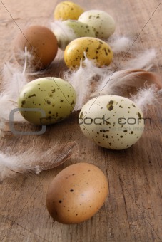 Speckled easter eggs  on wooden table 