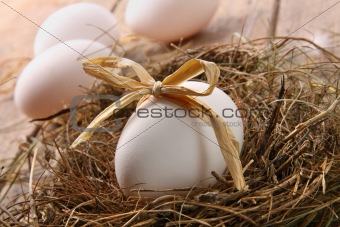 White egg with straw bow in nest on wood