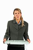 Woman holding keyboard