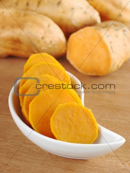 Cooked Sweet Potato Slices in White Bowl