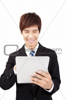 Happy Young businessman  With Touchpad Isolated On White background