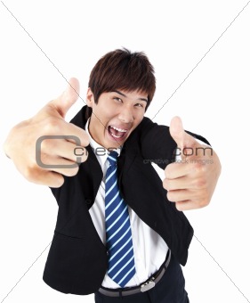 Successful asian young businessman with thumb up