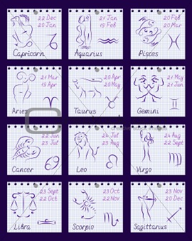 Zodiac signs on notebook sheets