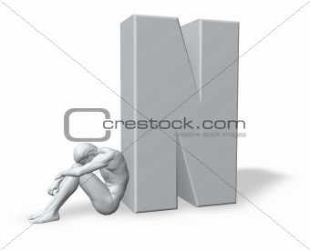 sitting man leans on uppercase letter n