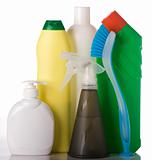 Bottles with washing liquids and cleaning brush