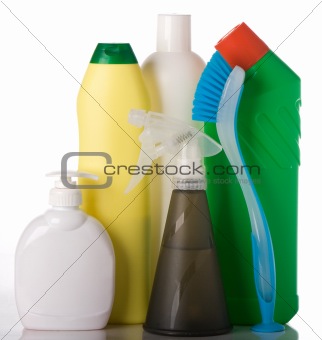 Bottles with washing liquids and cleaning brush
