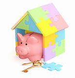 Piggy bank, house and key