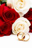 Roses and wedding rings isolated on the white