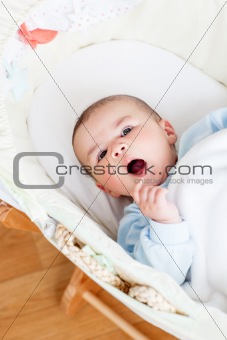 Portrait of a lively baby lying in his cradle