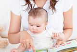 Attentive mother showing images in a book to her cute little son