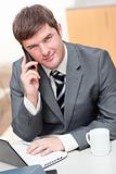 Confident businessman talking on phone and using his laptop