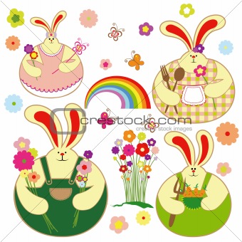 Set of colorful rabbit and springtime floral