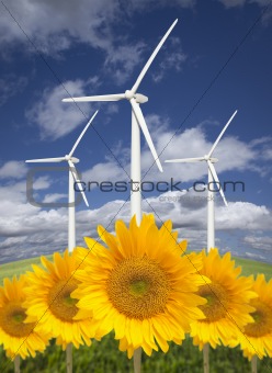 Wind Turbines Against Dramatic Sky, Clouds and Bright Sunflowers in the Foreground.
