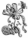 abstract hand drawn flower, snail, and butterfly