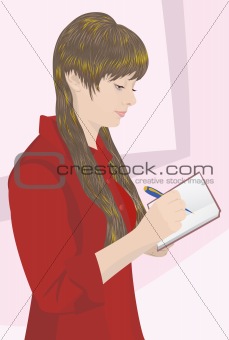 The girl in red blouse wrote pen in a notebook