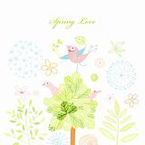 Spring postcard with a tree and birds