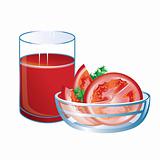 Tomato juice with glass and tomatoes.