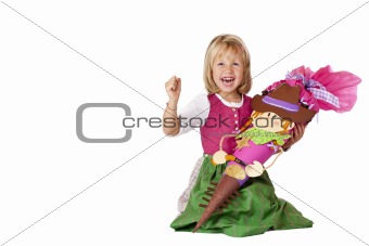 Happy young school girl sitting on first school day on floor